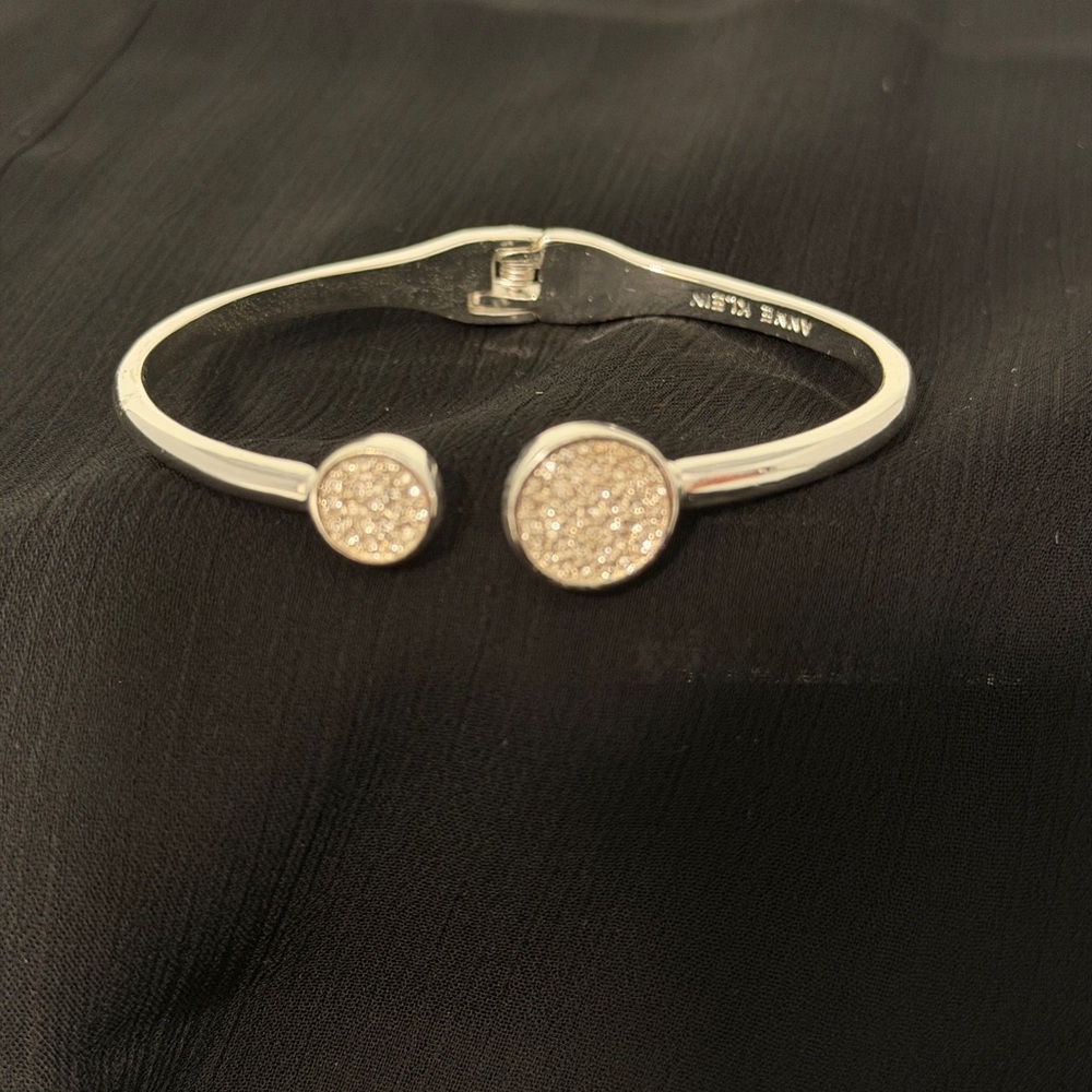 Vintage Anne Klein Silver Hinged Bangle Bracelet Signed with Pave Accents